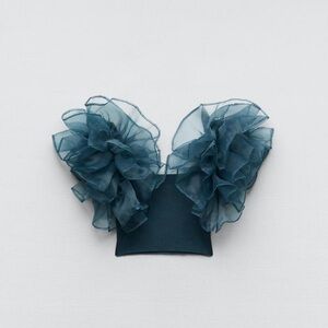 Zara Contrasting Organza Top Duck Blue Size M